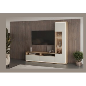 Vitrinen-Hochschrank JULIA 1 Tür – Geöltes Eichenholz und Cashmere-Beige mit integrierter LED-Beleuchtung