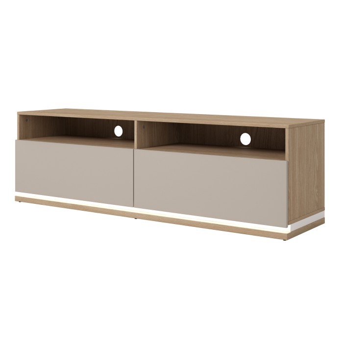 Meuble TV JULIA – 2 tiroirs, 2 niches et passe-câbles – Chêne huilé et beige cashmere – L 160 cm