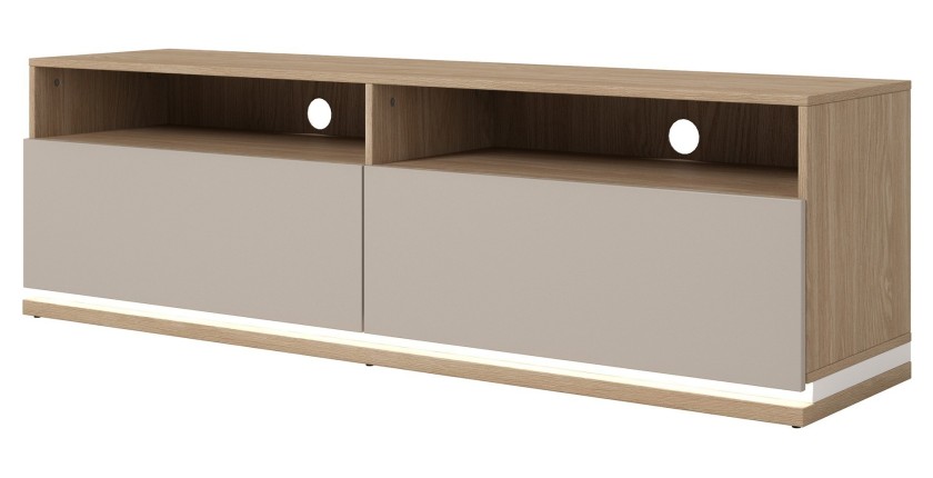 Meubel TV JULIA – 2 lades, 2 vakken en kabeldoorvoer – Geolied eiken en beige kasjmier – L 160 cm