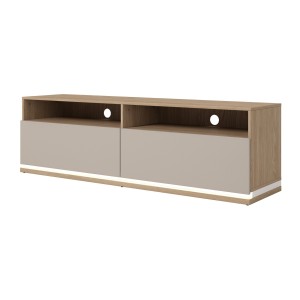 Meubel TV JULIA – 2 lades, 2 vakken en kabeldoorvoer – Geolied eiken en beige kasjmier – L 160 cm