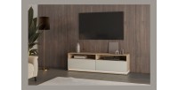 Meubel TV JULIA – 2 lades, 2 vakken en kabeldoorvoer – Geolied eiken en beige kasjmier – L 160 cm