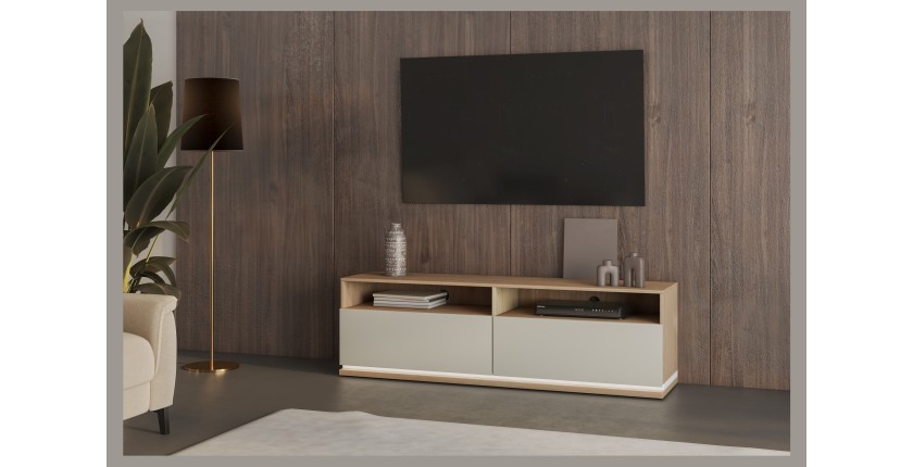 Meubel TV JULIA – 2 lades, 2 vakken en kabeldoorvoer – Geolied eiken en beige kasjmier – L 160 cm