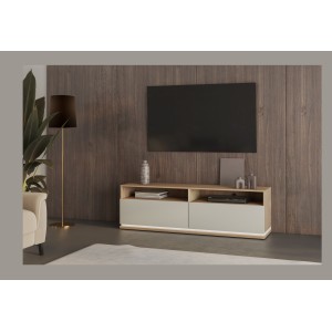 Meubel TV JULIA – 2 lades, 2 vakken en kabeldoorvoer – Geolied eiken en beige kasjmier – L 160 cm