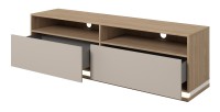 Meubel TV JULIA – 2 lades, 2 vakken en kabeldoorvoer – Geolied eiken en beige kasjmier – L 160 cm