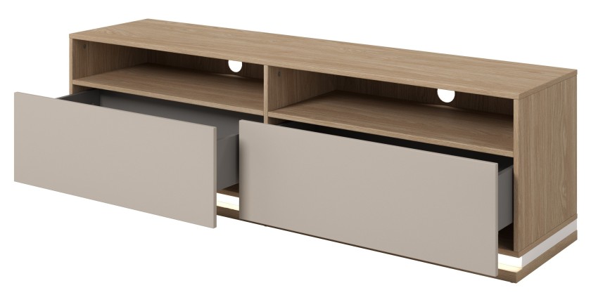 Meubel TV JULIA – 2 lades, 2 vakken en kabeldoorvoer – Geolied eiken en beige kasjmier – L 160 cm