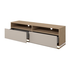Meubel TV JULIA – 2 lades, 2 vakken en kabeldoorvoer – Geolied eiken en beige kasjmier – L 160 cm