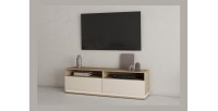 Meubel TV JULIA – 2 lades, 2 vakken en kabeldoorvoer – Geolied eiken en beige kasjmier – L 160 cm