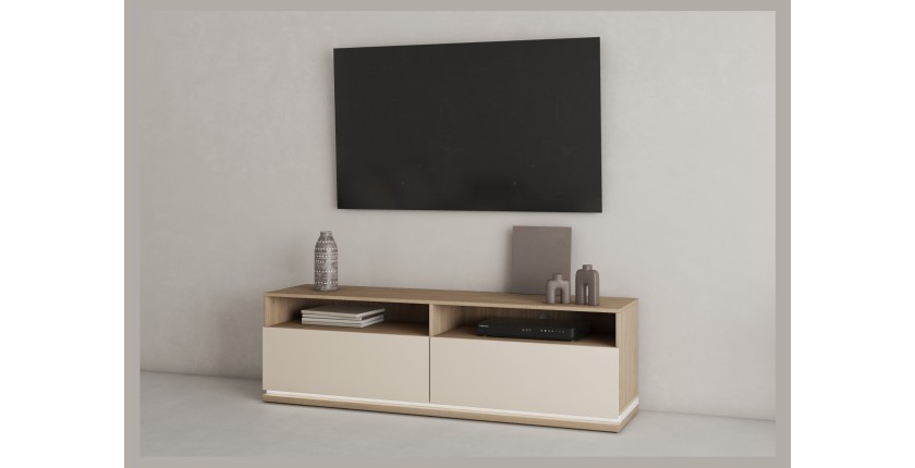 Meubel TV JULIA – 2 lades, 2 vakken en kabeldoorvoer – Geolied eiken en beige kasjmier – L 160 cm