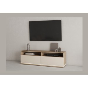 Meubel TV JULIA – 2 lades, 2 vakken en kabeldoorvoer – Geolied eiken en beige kasjmier – L 160 cm