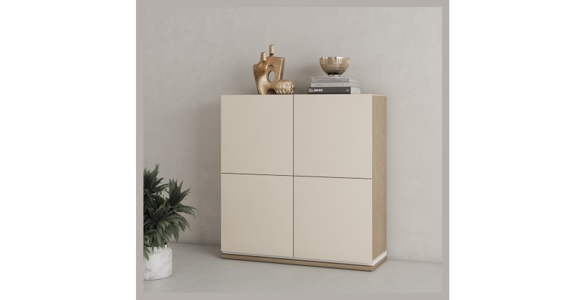 Buffet haut JULIA 4 portes – Chêne huilé et beige cashmere avec éclairage LED intégré – L 120 cm