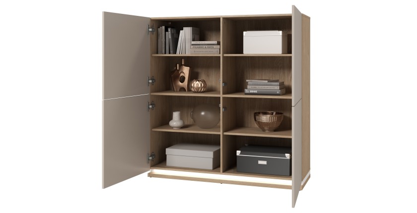 Buffet haut JULIA 4 portes – Chêne huilé et beige cashmere avec éclairage LED intégré – L 120 cm
