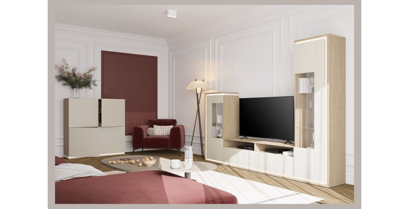 Möbelset JULIA – Vitrinen, Buffet und TV-Möbel – Geöltes Eichenholz und Cashmere-Beige mit LED