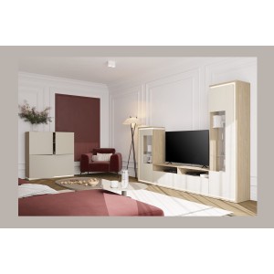 Möbelset JULIA – Vitrinen, Buffet und TV-Möbel – Geöltes Eichenholz und Cashmere-Beige mit LED