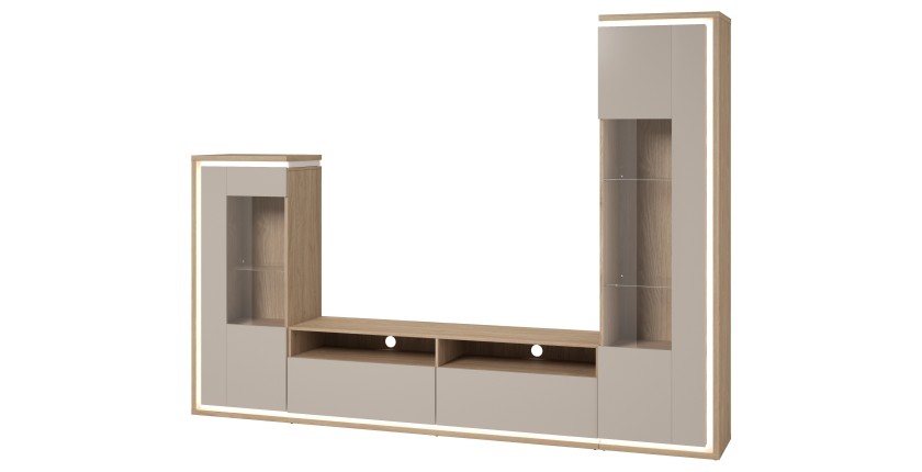 Möbelset JULIA – Vitrinen, Buffet und TV-Möbel – Geöltes Eichenholz und Cashmere-Beige mit LED