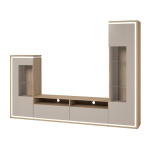 Möbelset JULIA – Vitrinen, Buffet und TV-Möbel – Geöltes Eichenholz und Cashmere-Beige mit LED