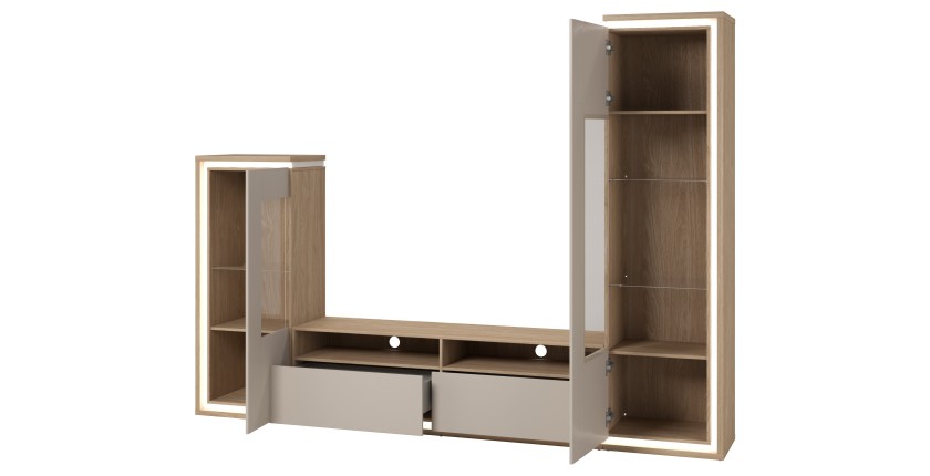 Möbelset JULIA – Vitrinen, Buffet und TV-Möbel – Geöltes Eichenholz und Cashmere-Beige mit LED