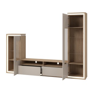Möbelset JULIA – Vitrinen, Buffet und TV-Möbel – Geöltes Eichenholz und Cashmere-Beige mit LED