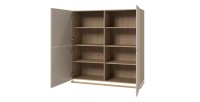 Möbelset JULIA – Vitrinen, Buffet und TV-Möbel – Geöltes Eichenholz und Cashmere-Beige mit LED