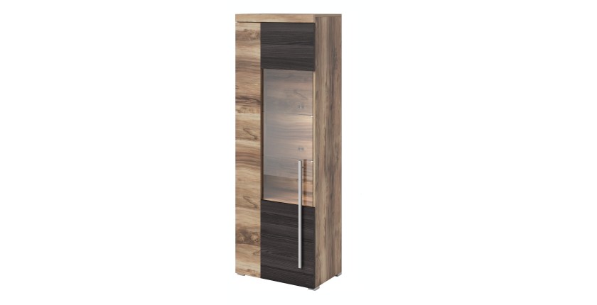 Vitrine 1 Tür links BRAZZA – Öffnung rechts – 5 Fächer – Verglaste Front in Satin-Nussbaum