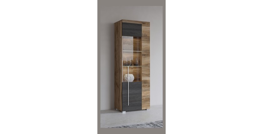 Vitrine 1 porte gauche BRAZZA – Ouverture droite – 5 niches – Façade vitrée noyer satin