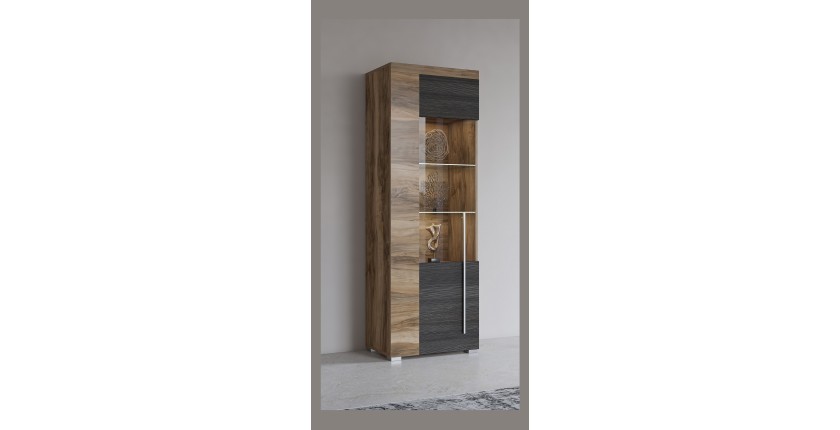 Vitrine 1 Tür links BRAZZA – Öffnung rechts – 5 Fächer – Verglaste Front in Satin-Nussbaum