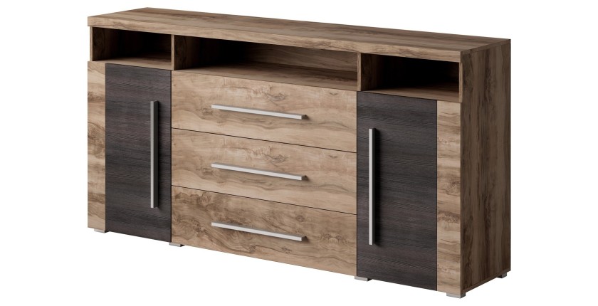 Buffet BRAZZA 2 Türen 3 Schubladen – Farbe Satin Nussbaum – Offene Fächer – 182 cm
