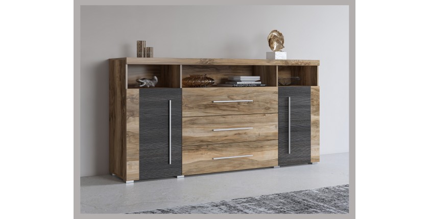 Buffet BRAZZA 2 Türen 3 Schubladen – Farbe Satin Nussbaum – Offene Fächer – 182 cm