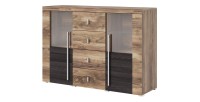 Buffet BRAZZA 2 Türen 4 Schubladen – Satiniertes Nussbaum-Finish – Offene und verglaste Fächer – 132 cm