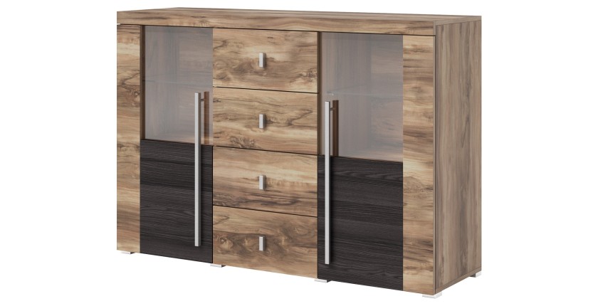 Buffet BRAZZA 2 Türen 4 Schubladen – Satiniertes Nussbaum-Finish – Offene und verglaste Fächer – 132 cm
