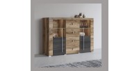 Buffet BRAZZA 2 Türen 4 Schubladen – Satiniertes Nussbaum-Finish – Offene und verglaste Fächer – 132 cm