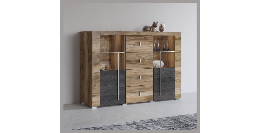 Buffet BRAZZA 2 Türen 4 Schubladen – Satiniertes Nussbaum-Finish – Offene und verglaste Fächer – 132 cm
