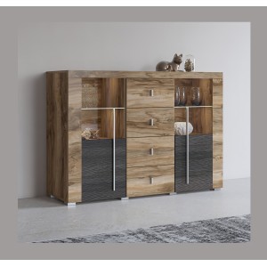 Buffet BRAZZA 2 Türen 4 Schubladen – Satiniertes Nussbaum-Finish – Offene und verglaste Fächer – 132 cm