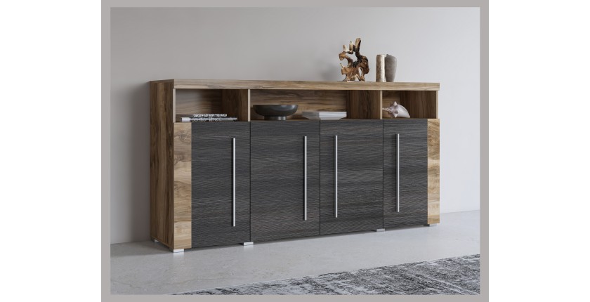 Buffet BRAZZA 4 portes – Grand rangement noyer satin – Niches décoratives – 182 cm
