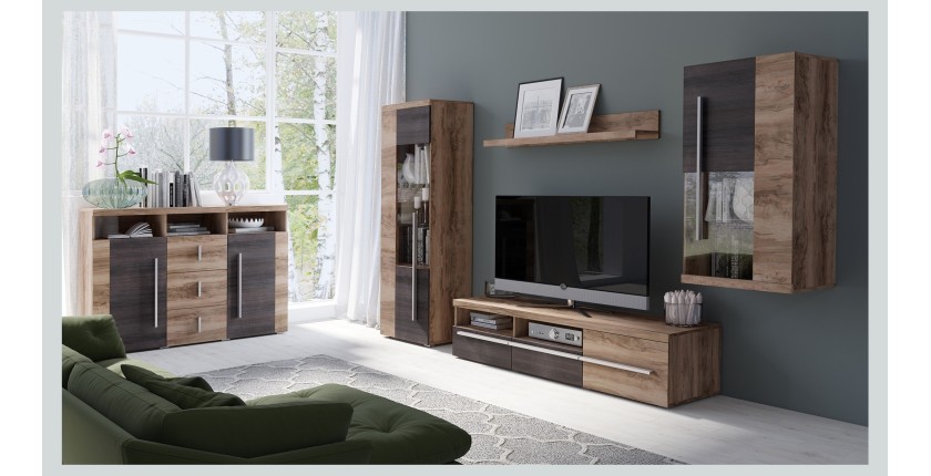 Buffet BRAZZA 4 portes – Grand rangement noyer satin – Niches décoratives – 182 cm