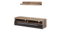 Möbel TV BRAZZA 140 cm mit Wandregal – 2 Klappen – Satin Nussbaum und sichtbare Fächer