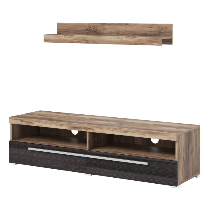 Meuble TV BRAZZA 140 cm avec étagère murale – 2 abattants – Noyer satin et niches visibles