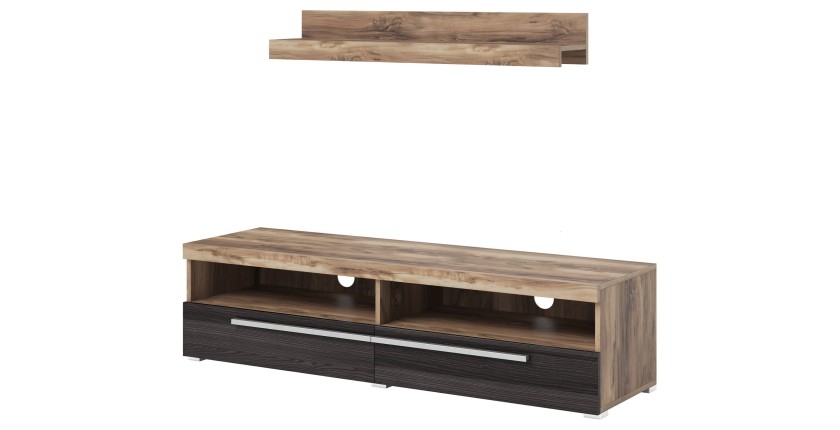 Möbel TV BRAZZA 140 cm mit Wandregal – 2 Klappen – Satin Nussbaum und sichtbare Fächer