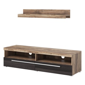 Meuble TV BRAZZA 140 cm avec étagère murale – 2 abattants – Noyer satin et niches visibles