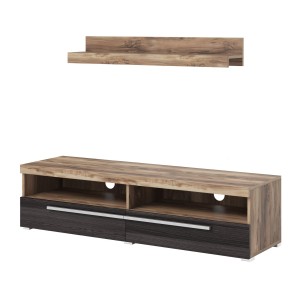 Möbel TV BRAZZA 140 cm mit Wandregal – 2 Klappen – Satin Nussbaum und sichtbare Fächer