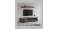 Möbel TV BRAZZA 140 cm mit Wandregal – 2 Klappen – Satin Nussbaum und sichtbare Fächer