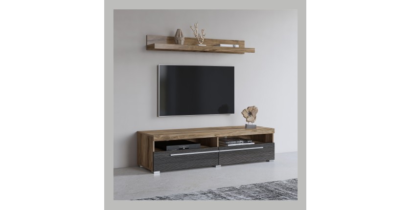Möbel TV BRAZZA 140 cm mit Wandregal – 2 Klappen – Satin Nussbaum und sichtbare Fächer