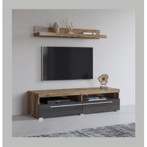 Möbel TV BRAZZA 140 cm mit Wandregal – 2 Klappen – Satin Nussbaum und sichtbare Fächer