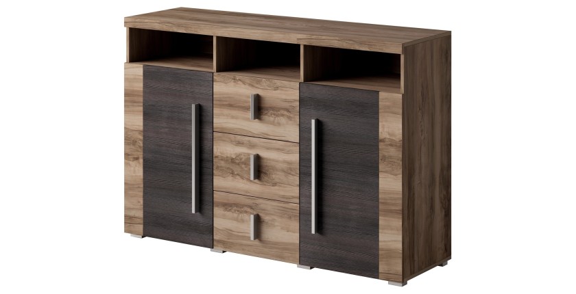Buffet BRAZZA 2 Türen 3 Schubladen – Farbe Satinnuss – Offene Fächer – 132 cm