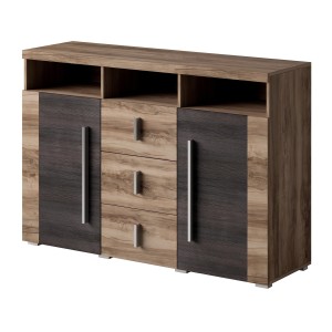 Buffet BRAZZA 2 Türen 3 Schubladen – Farbe Satinnuss – Offene Fächer – 132 cm