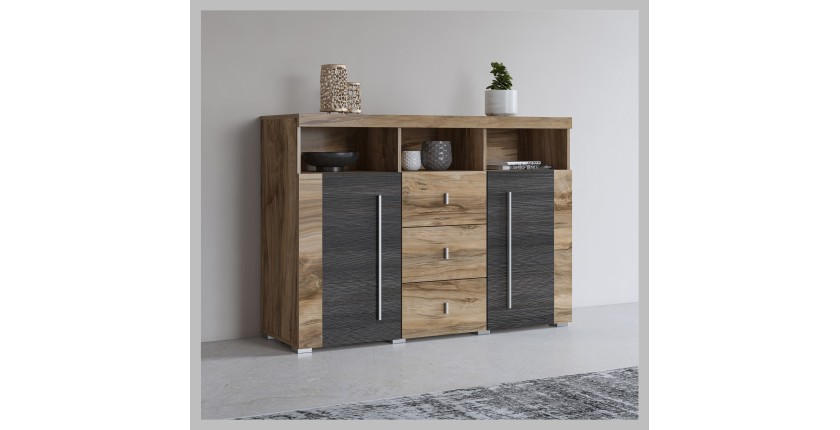 Buffet BRAZZA 2 Türen 3 Schubladen – Farbe Satinnuss – Offene Fächer – 132 cm