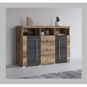 Buffet BRAZZA 2 Türen 3 Schubladen – Farbe Satinnuss – Offene Fächer – 132 cm