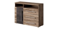 Buffet BRAZZA 1 Tür 3 Schubladen – Kompakter Walnuss-Satin-Stauraum – Sichtbare Fächer – 119 cm