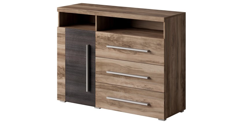 Buffet BRAZZA 1 Tür 3 Schubladen – Kompakter Walnuss-Satin-Stauraum – Sichtbare Fächer – 119 cm