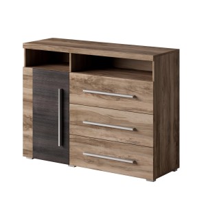 Buffet BRAZZA 1 porte 3 tiroirs – Rangement compact noyer satin – Niches visibles – 119 cm