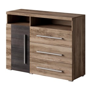 Buffet BRAZZA 1 Tür 3 Schubladen – Kompakter Walnuss-Satin-Stauraum – Sichtbare Fächer – 119 cm
